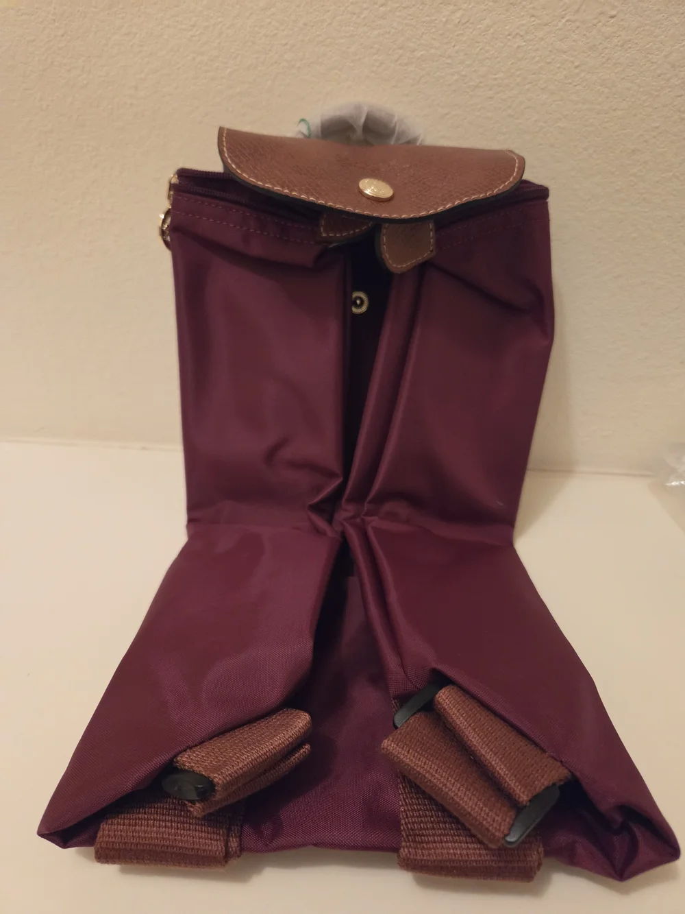 Longchamp Burgundy Nylon Backpack with Brown Leather Flap